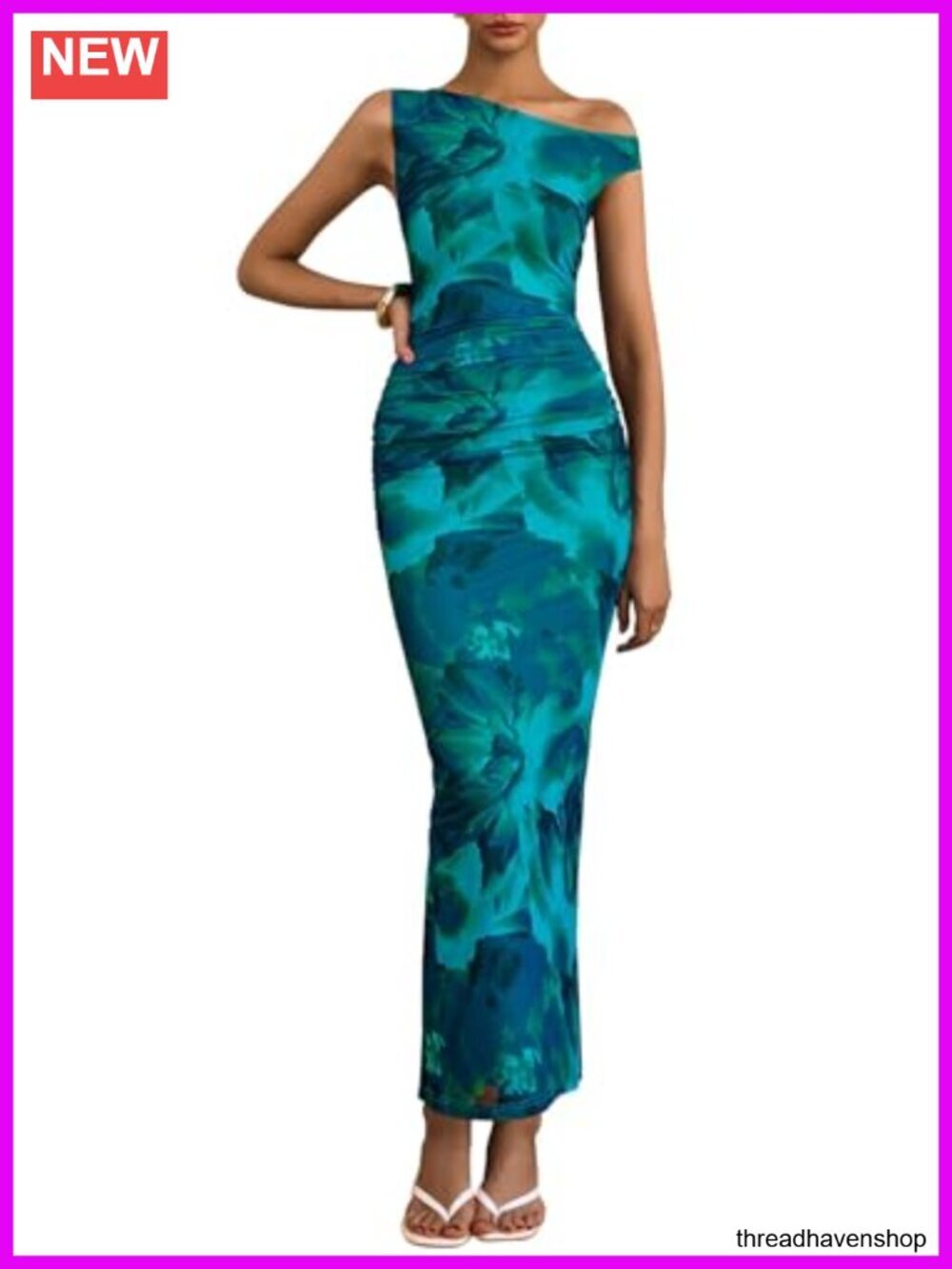 One Shoulder Ruched Mesh Bodycon Maxi Dress with Back Slit